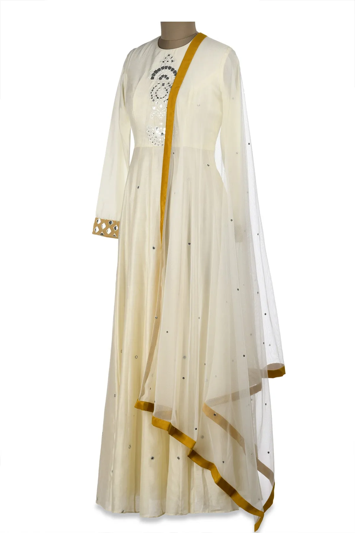 50Z174-RO Ivory Mirror Embroidery Chanderi Anarkali with Dupatta