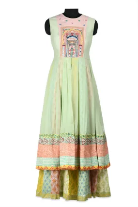 50Z178-RO Green, Pink and Yellow Layered Anarkali with Embroidery