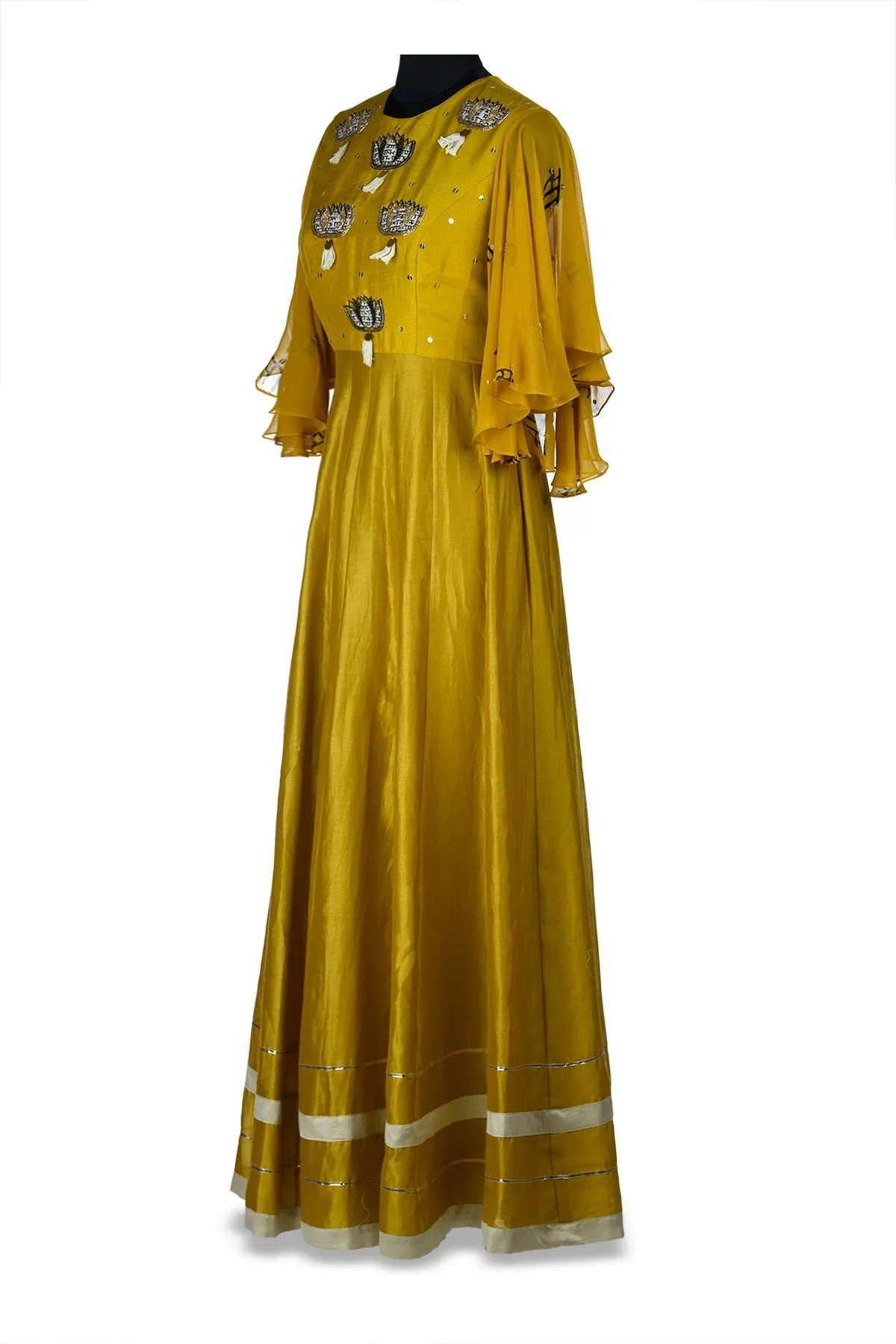 50Z182-RO Mustard Embroidered Chanderi and Georgette Gown