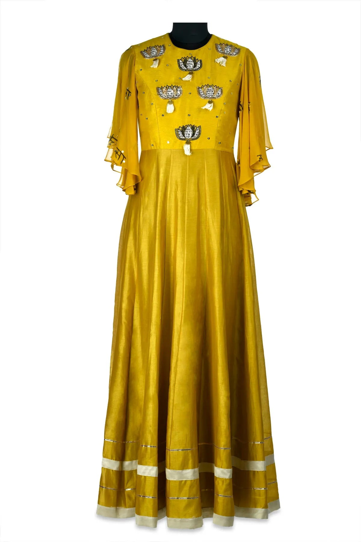 50Z182-RO Mustard Embroidered Chanderi and Georgette Gown