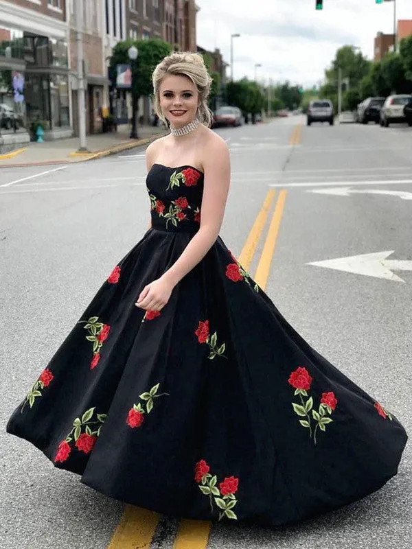 A Line Sweetheart Neck Satin Black Long Prom Dresses with Embroidery Flowers, Black Formal Dresses