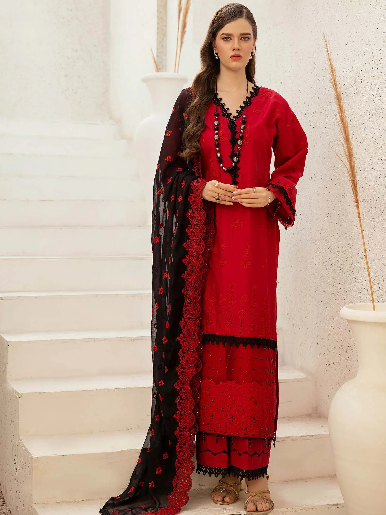 Ally's Chikankari Edits Red 3-Piece Suit (AL-835)