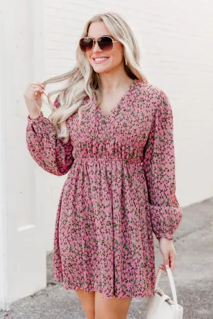 Always Ahead Pink Floral Textured V-Neck Long Sleeve Mini Dress FINAL SALE