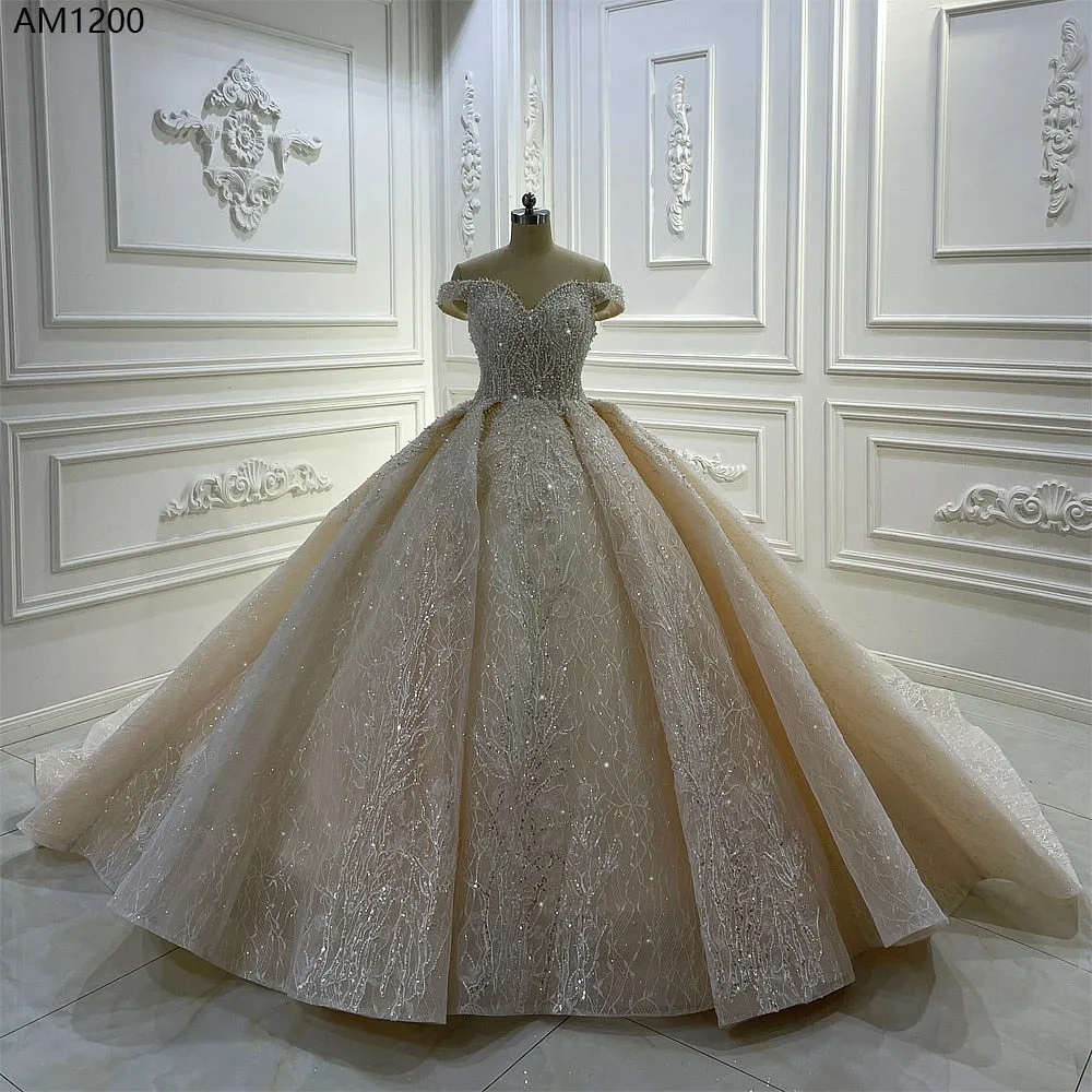 AM1200 Off the shoulder Lace Champagne Pearls  luxury Wedding Dress