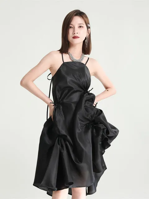 Amida Pillowy Spaghetti Strap Dress - Black