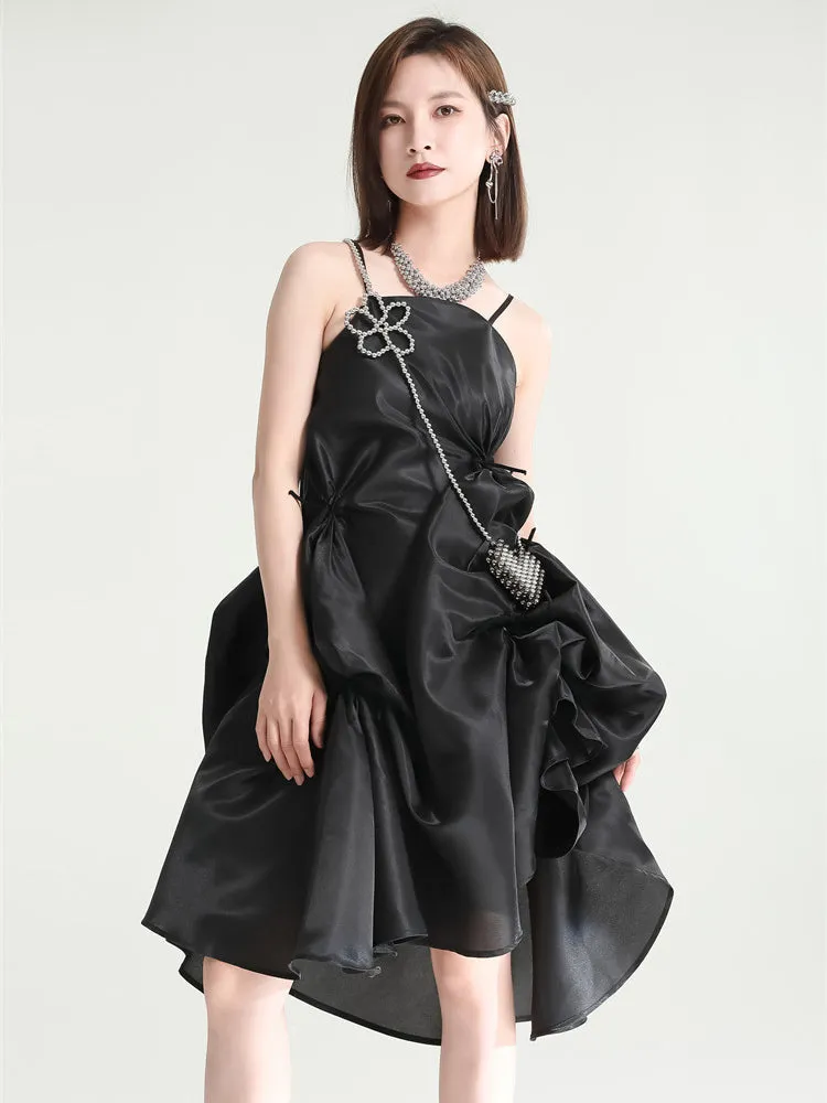 Amida Pillowy Spaghetti Strap Dress - Black