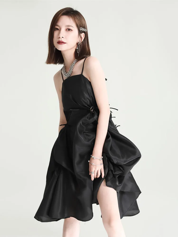 Amida Pillowy Spaghetti Strap Dress - Black