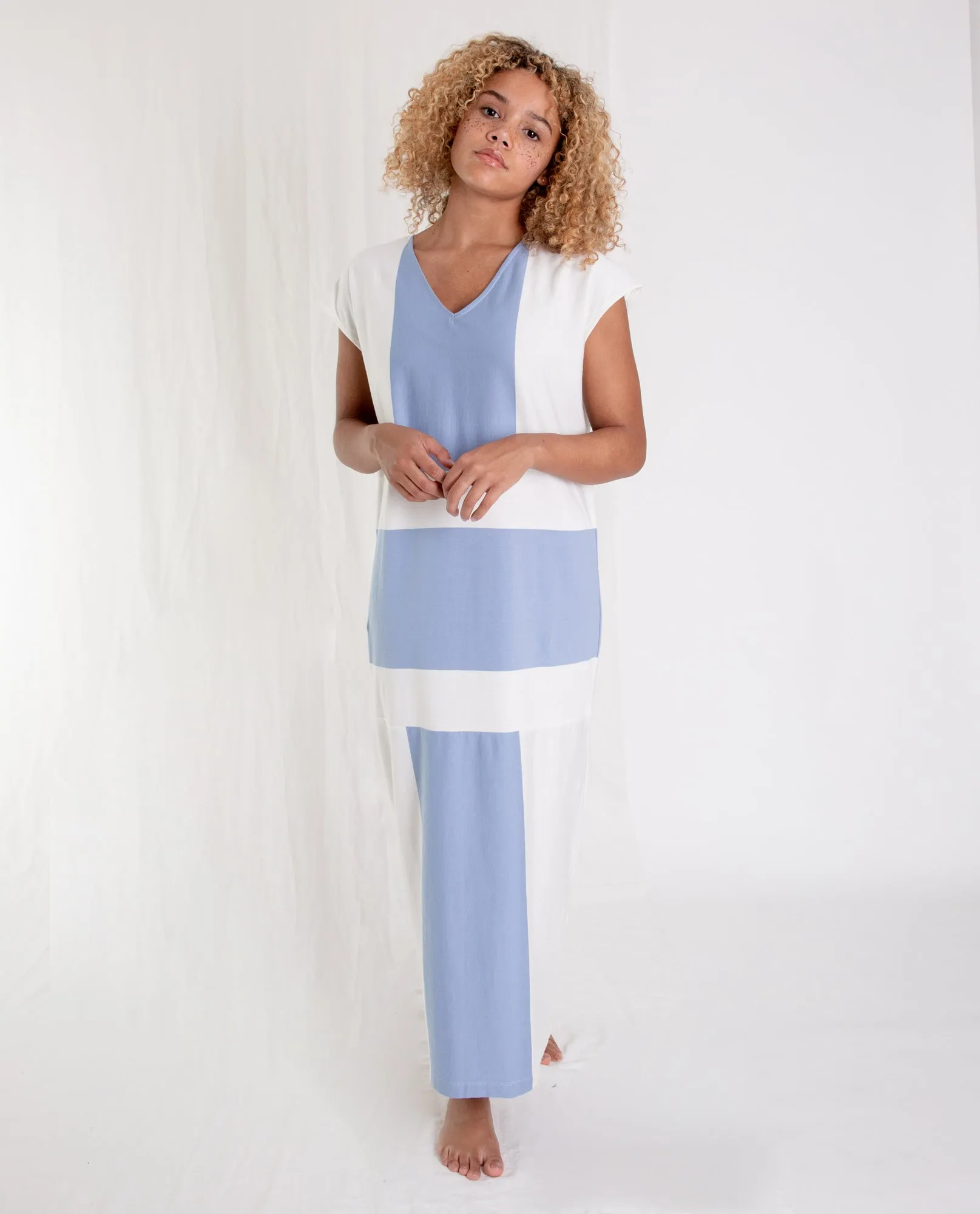 ANGELA Organic Cotton Dress In Cornflower And White