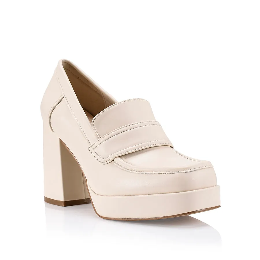 Sure! Here’s an optimized title for the e-commerce product:

Elegant Bone Smooth Heeled Loafers for Women - Stylish Comfort Footwear

This title includes modifiers to highlight the style, color, and comfort of the product.