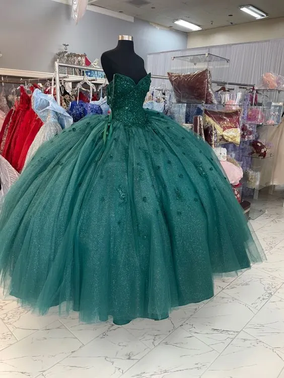 Ball Gown Beaded Quinceanera Dress Spaghetti Straps Emerald Green Sweet 16 Dress Y1621