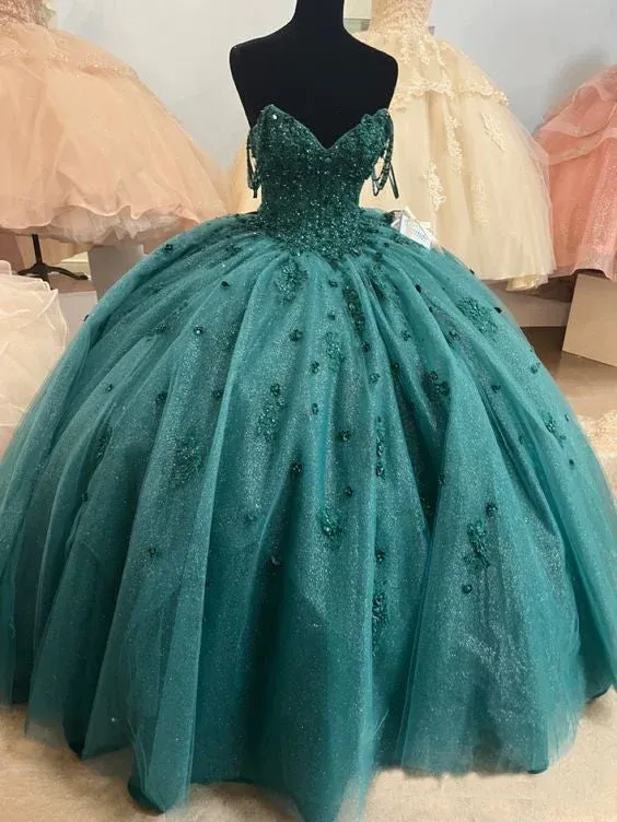 Ball Gown Beaded Quinceanera Dress Spaghetti Straps Emerald Green Sweet 16 Dress Y1621