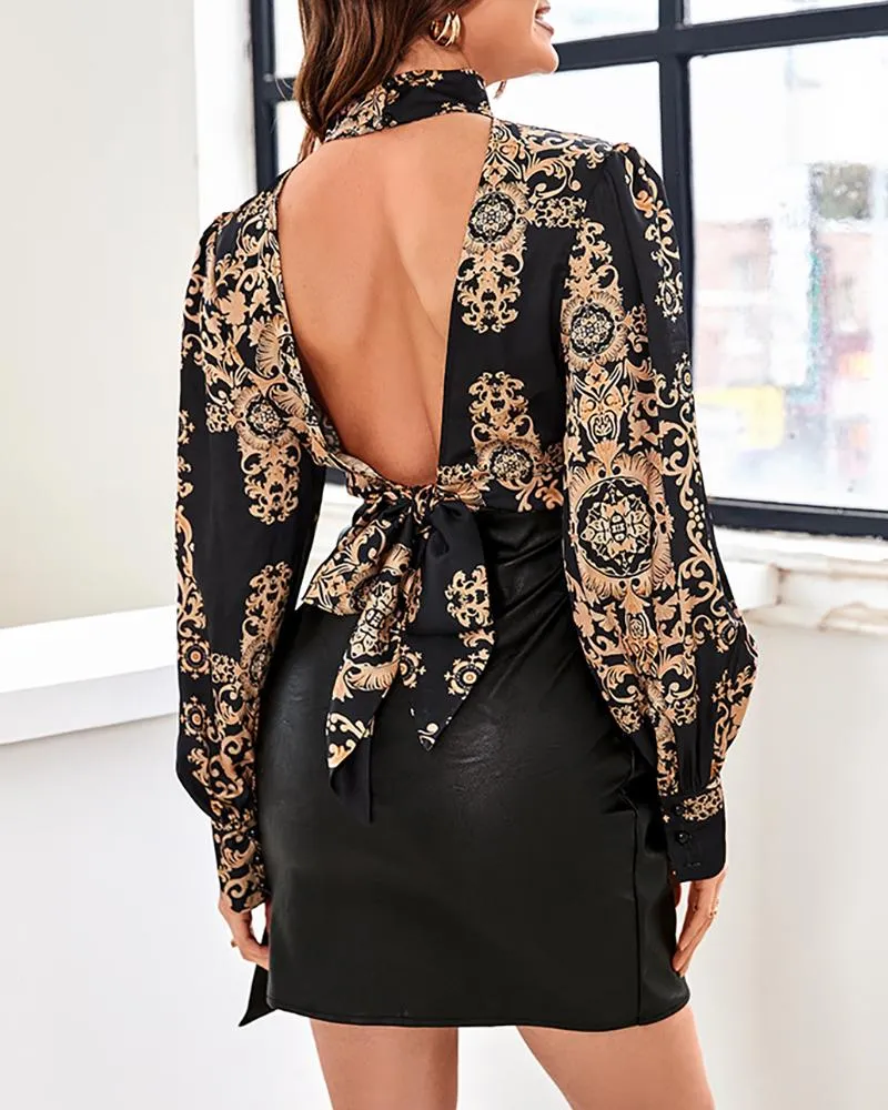 Baroque Print Puff Lantern Sleeve Backless Top