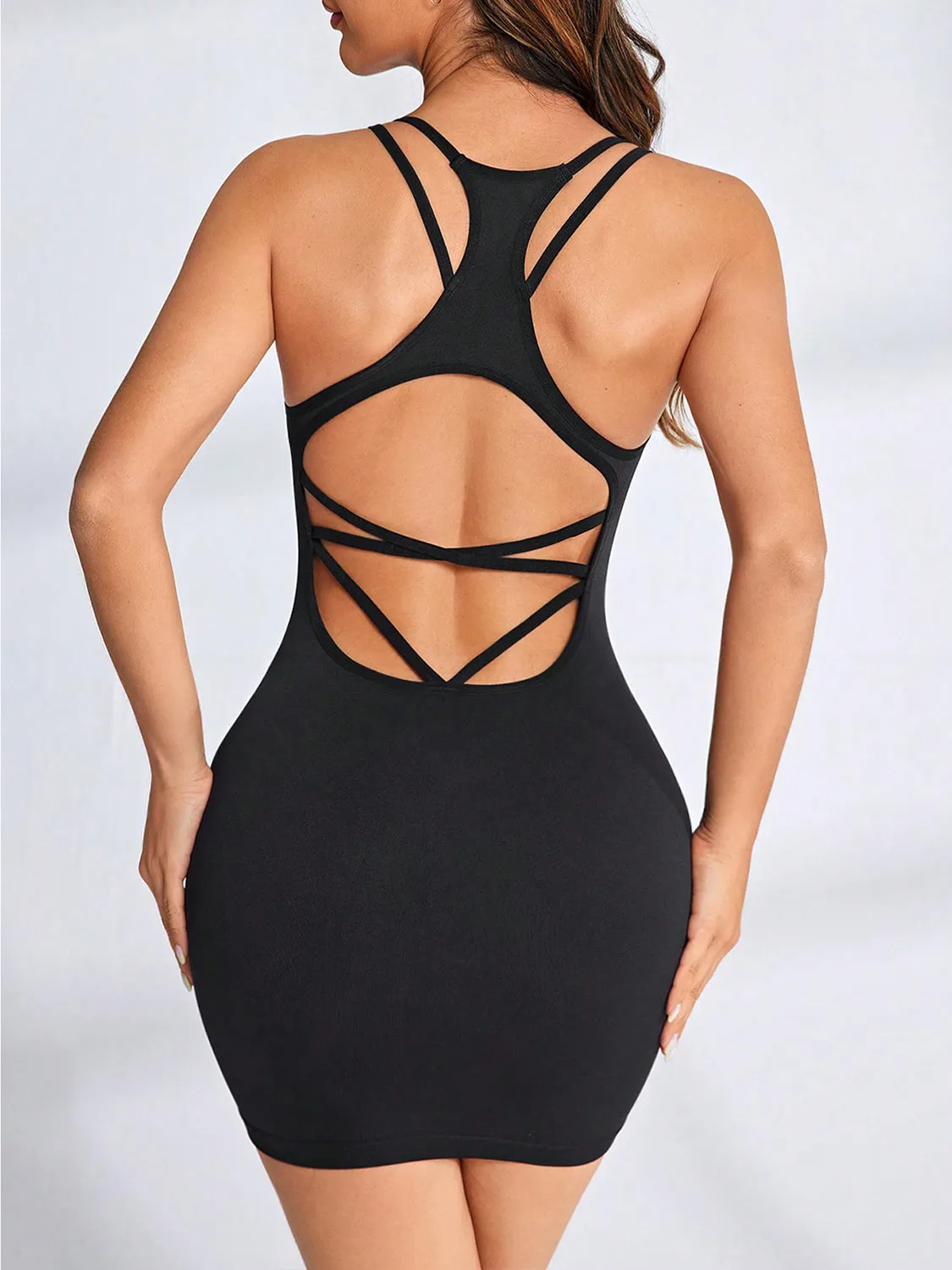 Beach Wedding Guest Attire: Women's Black Scoop Neck Dress with Crisscross Detail