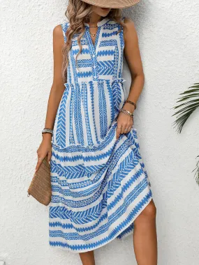 Beach Wedding Guest Dress for Women: Sleeveless Notched Frill Printed Dress