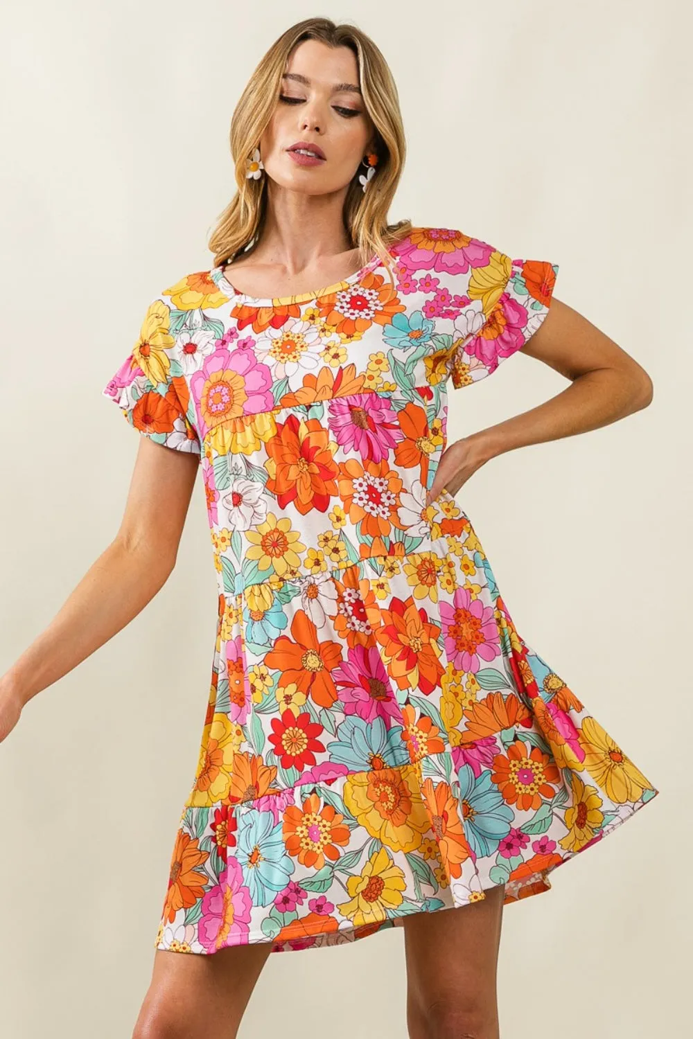 BiBi Floral Tiered Dress with Short Sleeves - Ideal Summer Beach Wedding Guest Attire for Women