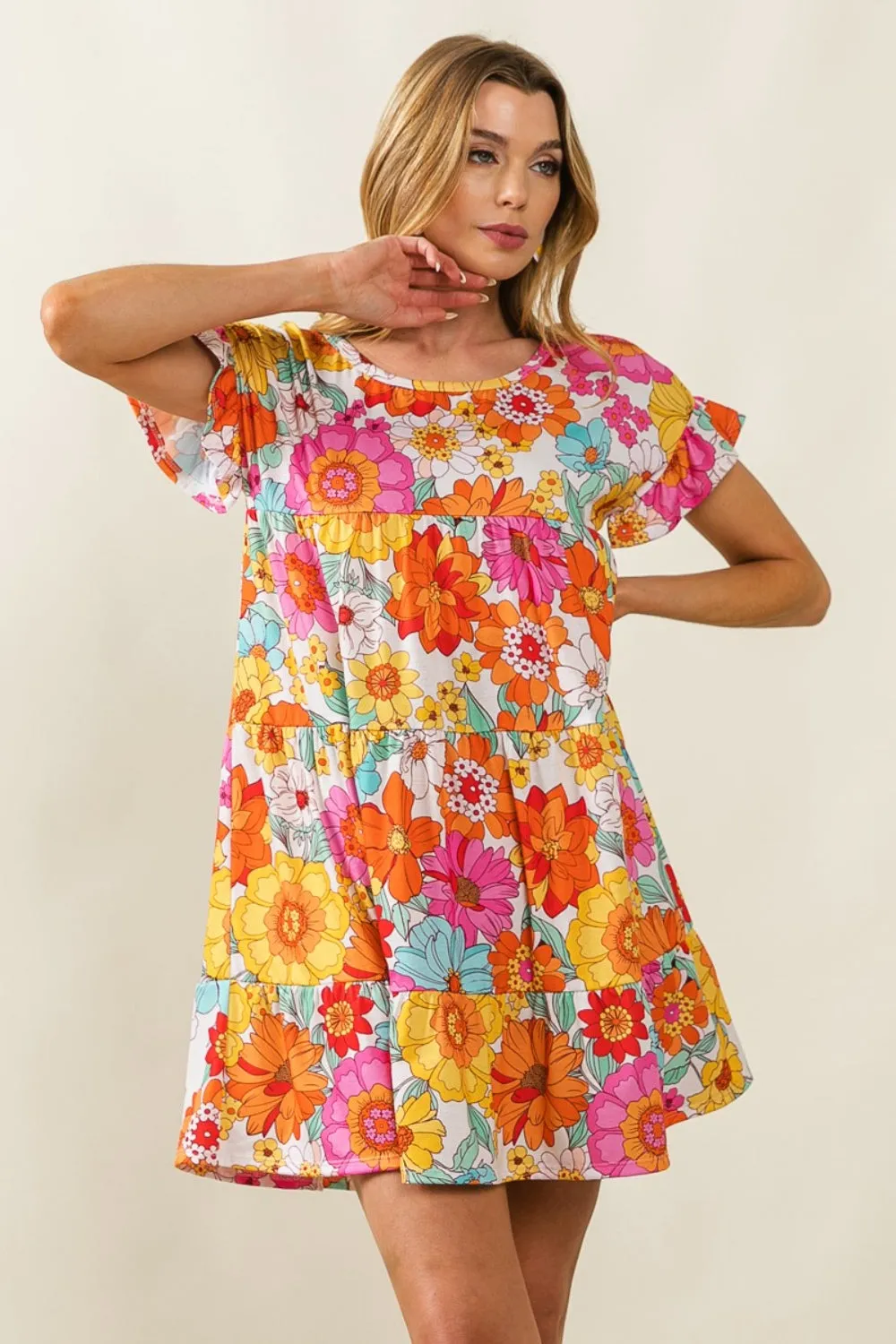 BiBi Floral Tiered Dress with Short Sleeves - Ideal Summer Beach Wedding Guest Attire for Women