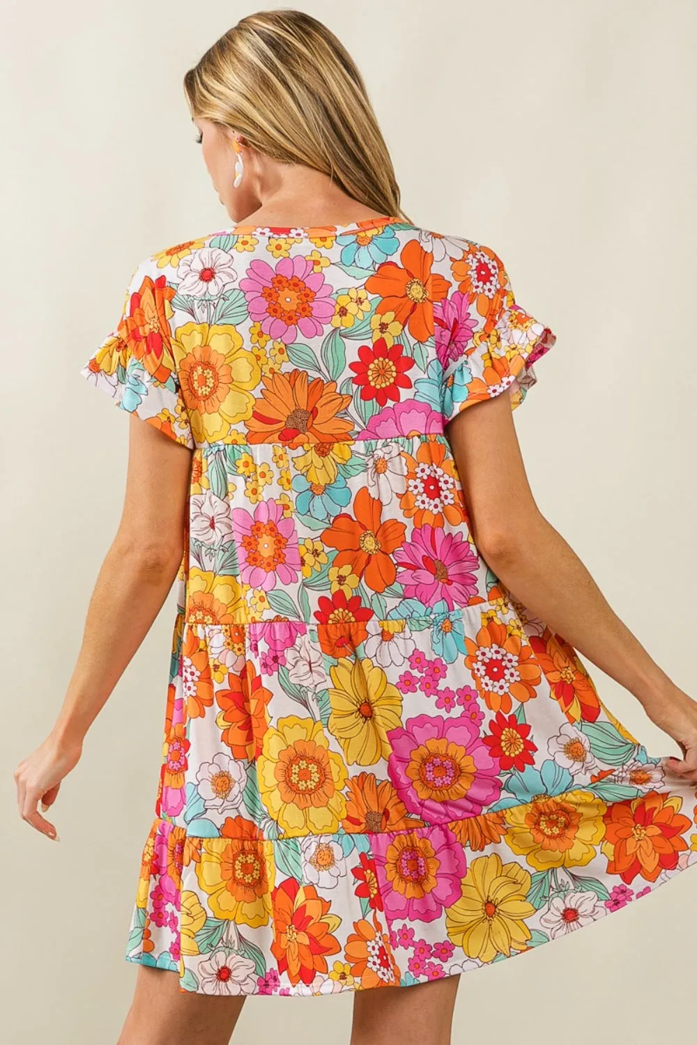 BiBi Floral Tiered Dress with Short Sleeves - Ideal Summer Beach Wedding Guest Attire for Women