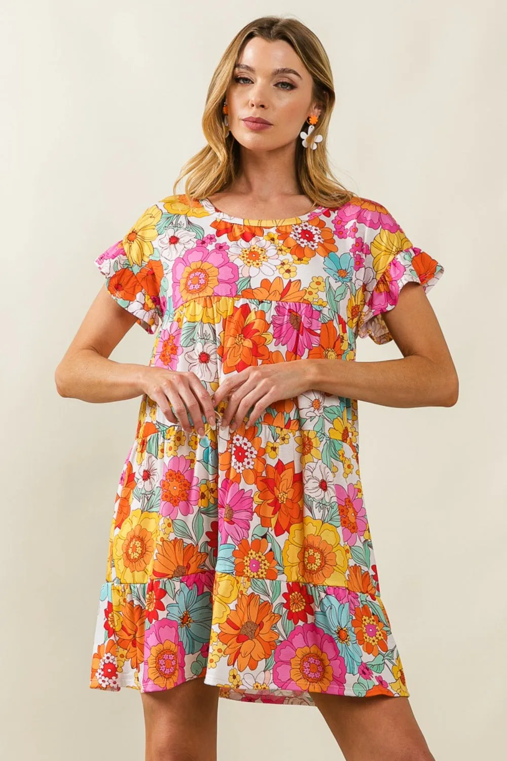 BiBi Floral Tiered Dress with Short Sleeves - Ideal Summer Beach Wedding Guest Attire for Women