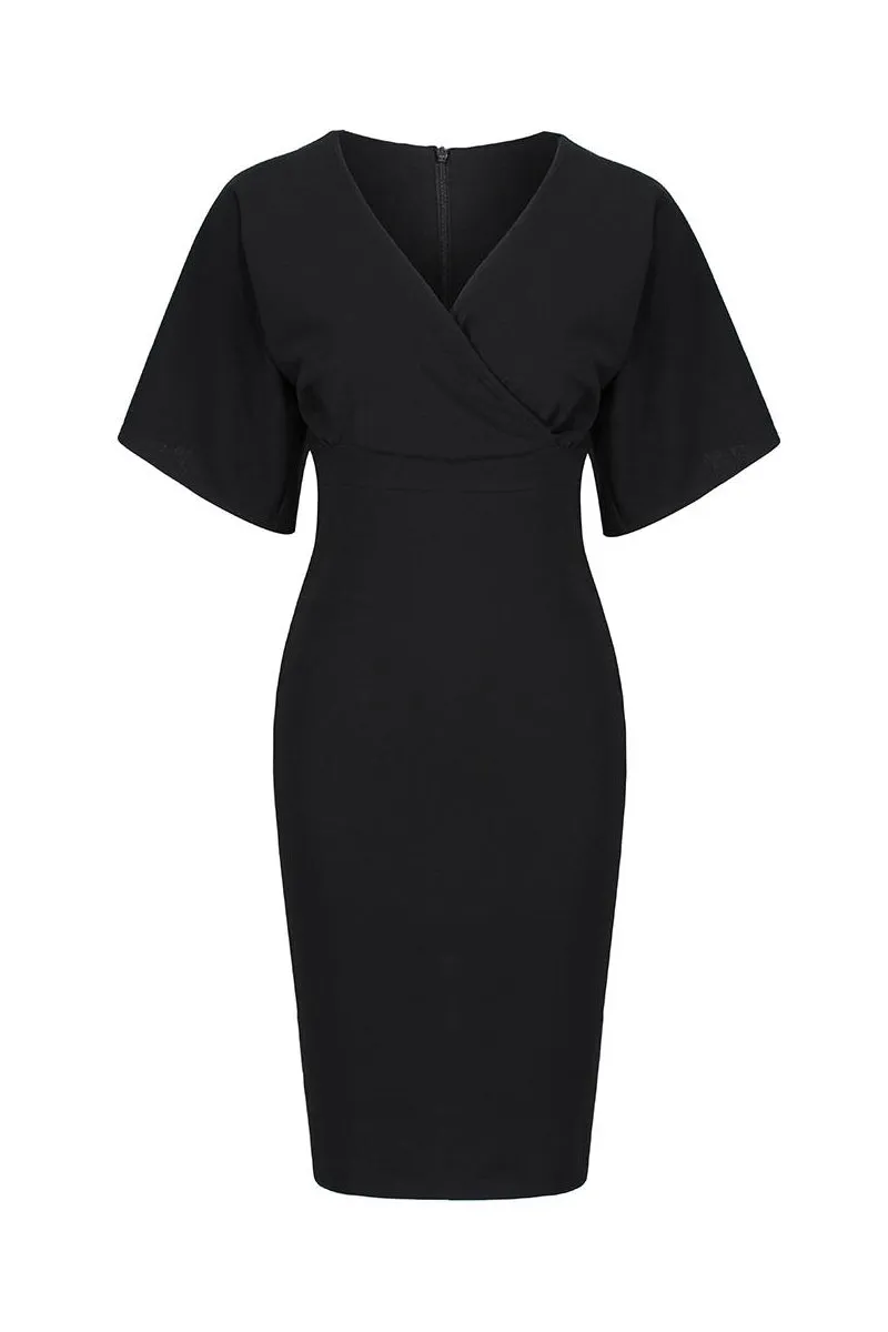 Black 1/2 Sleeve 40s Pin-up Wrap Pencil Wiggle Dress