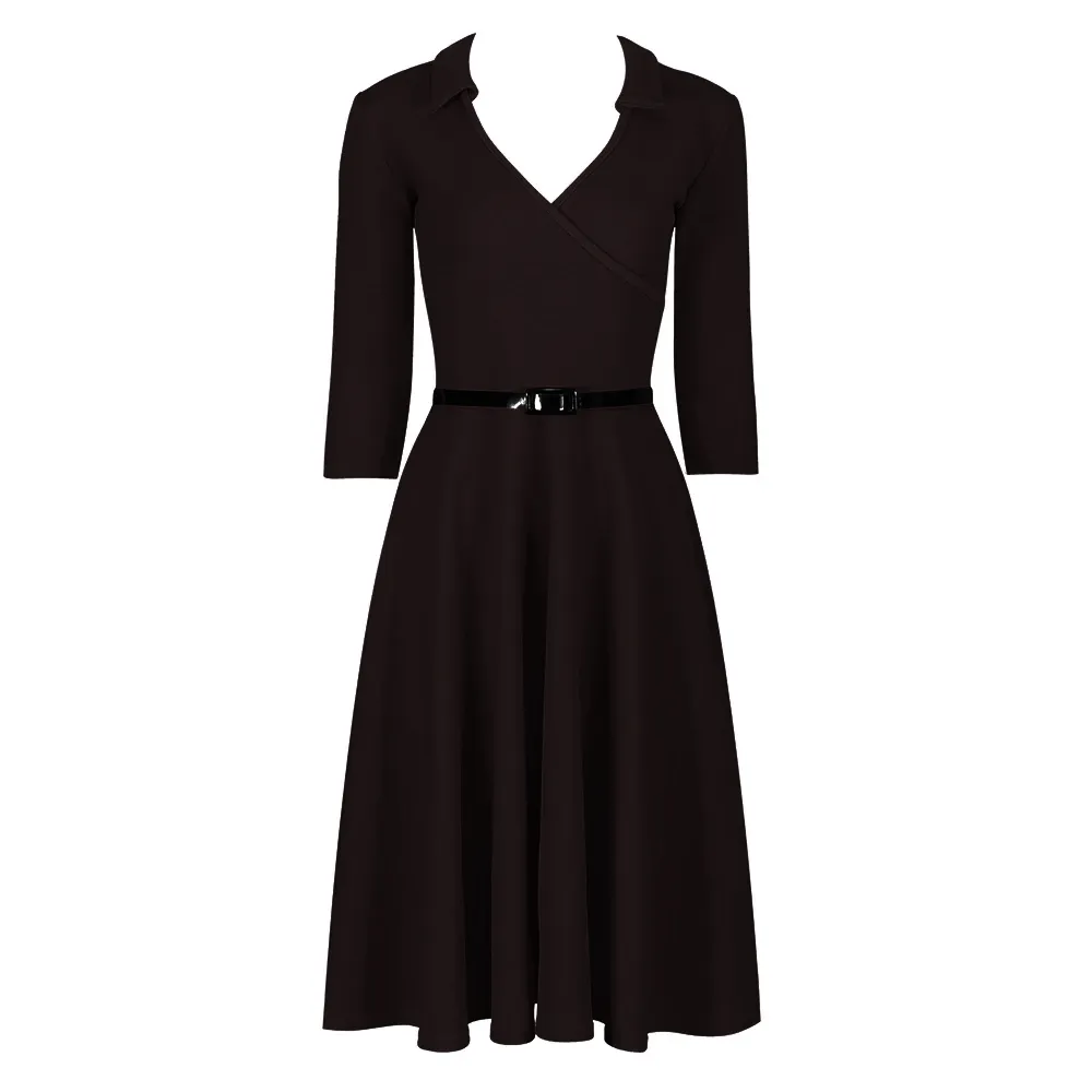 Black 3/4 Sleeve Collar Wrap Effect Swing Dress With Belt