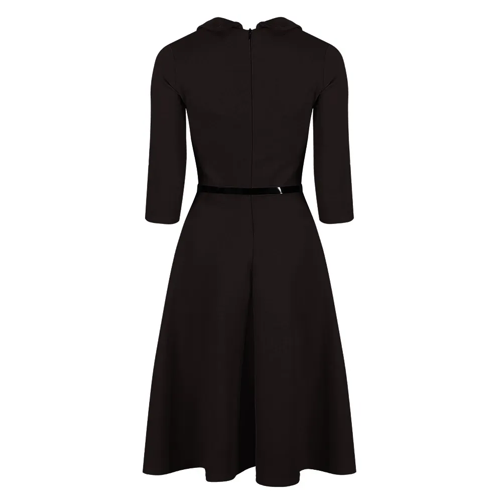 Black 3/4 Sleeve Collar Wrap Effect Swing Dress With Belt