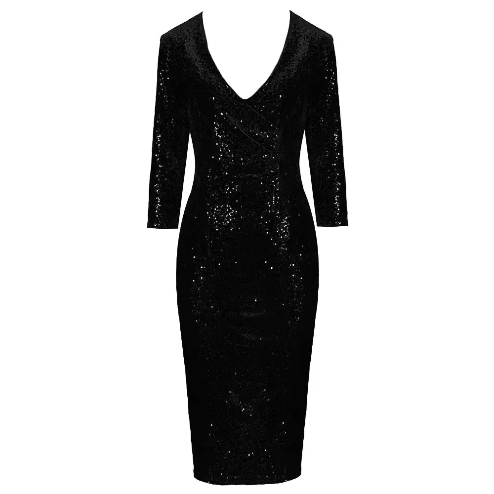 Black 3/4 Sleeve V Neck Velour Sequin Pencil Wiggle Dress