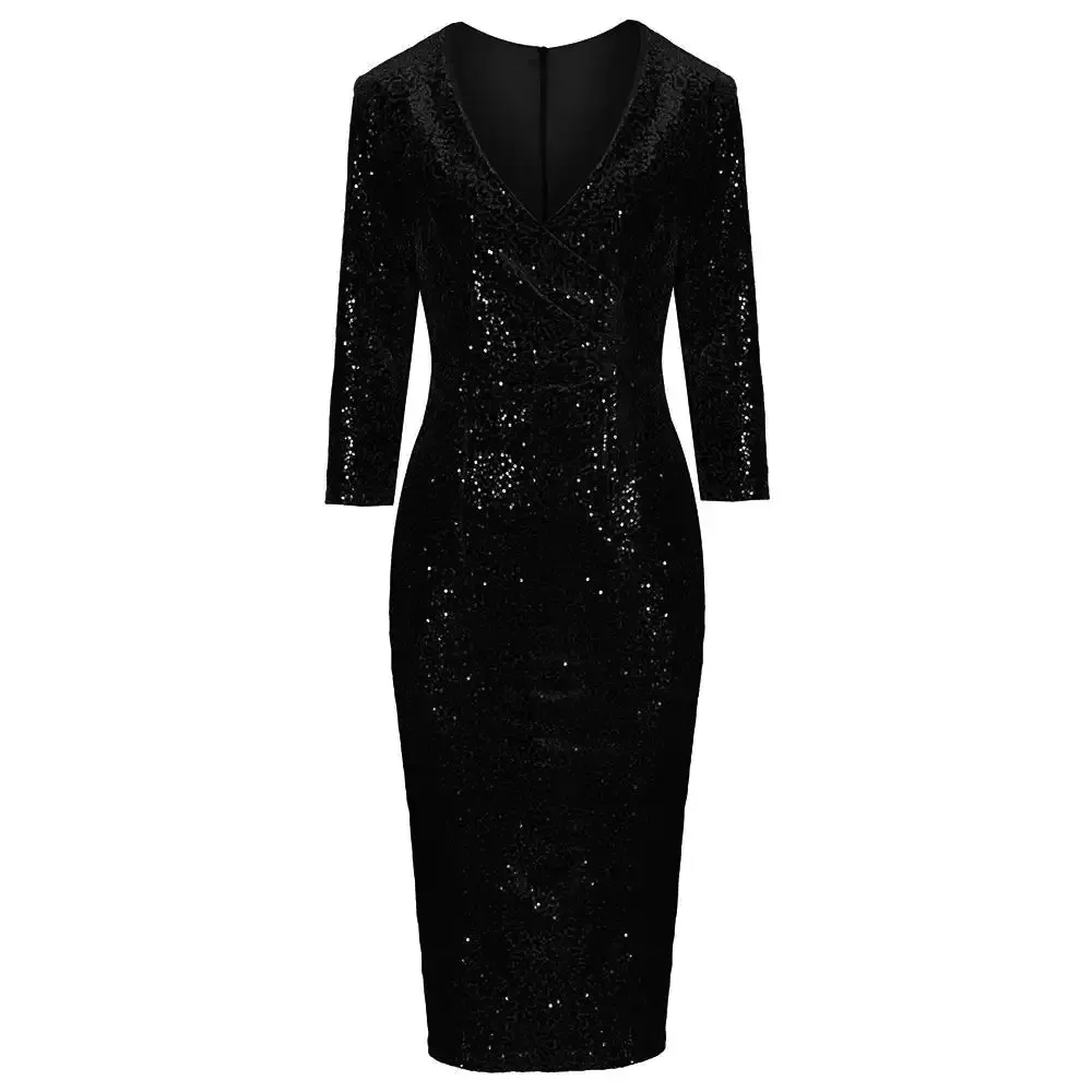 Black 3/4 Sleeve V Neck Velour Sequin Pencil Wiggle Dress