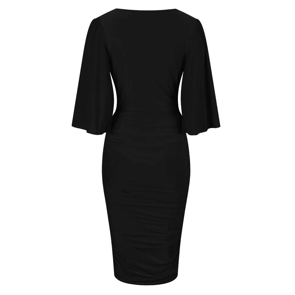 Black 3/4 Waterfall Sleeve Slinky Wrap Over Midi Dress