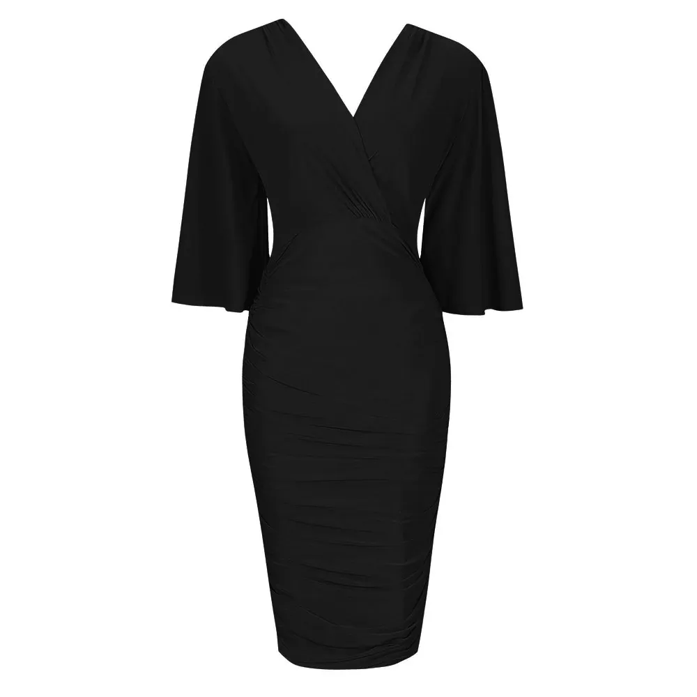 Black 3/4 Waterfall Sleeve Slinky Wrap Over Midi Dress