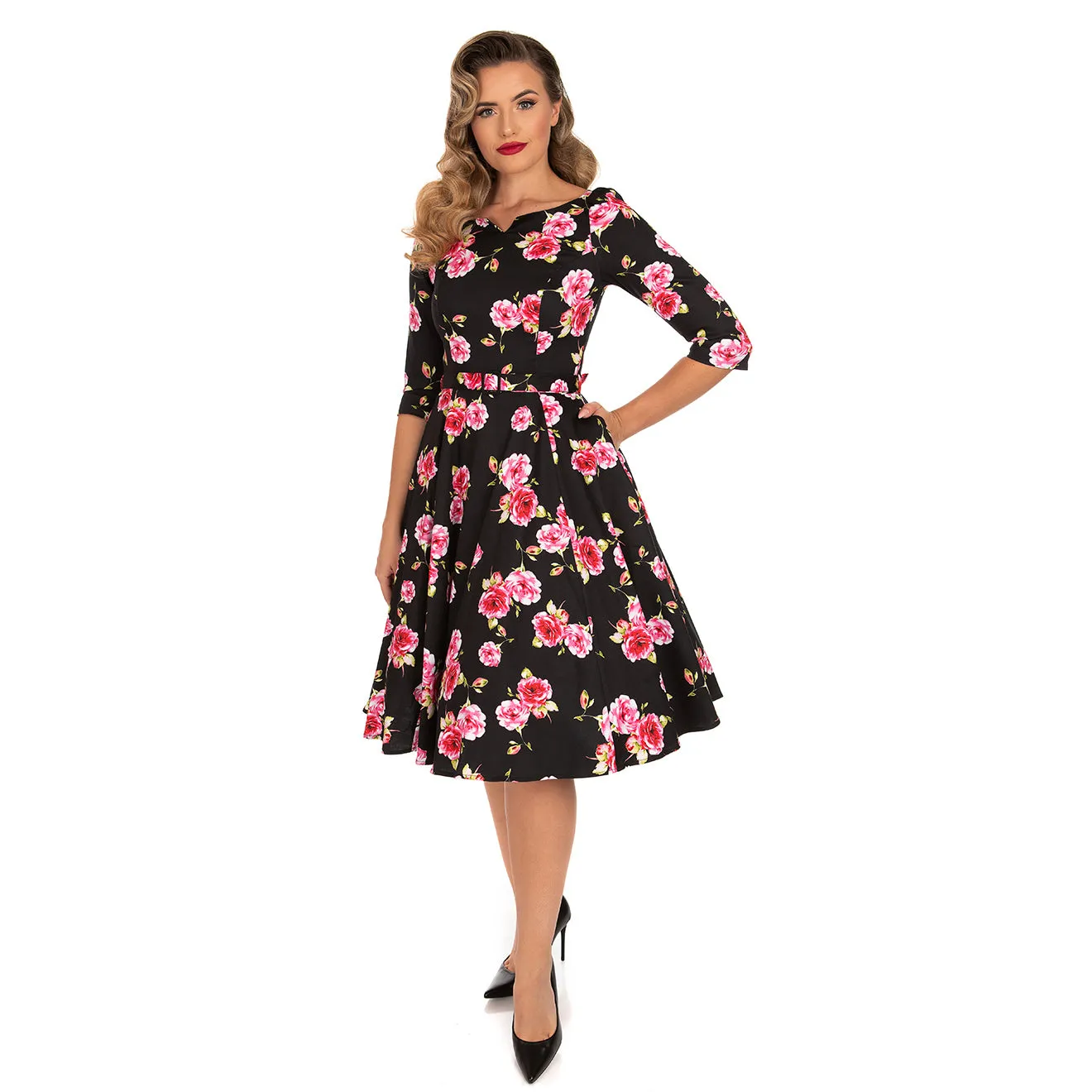 Black & Pink Rose Floral Print 3/4 Sleeve 50s Swing Dress