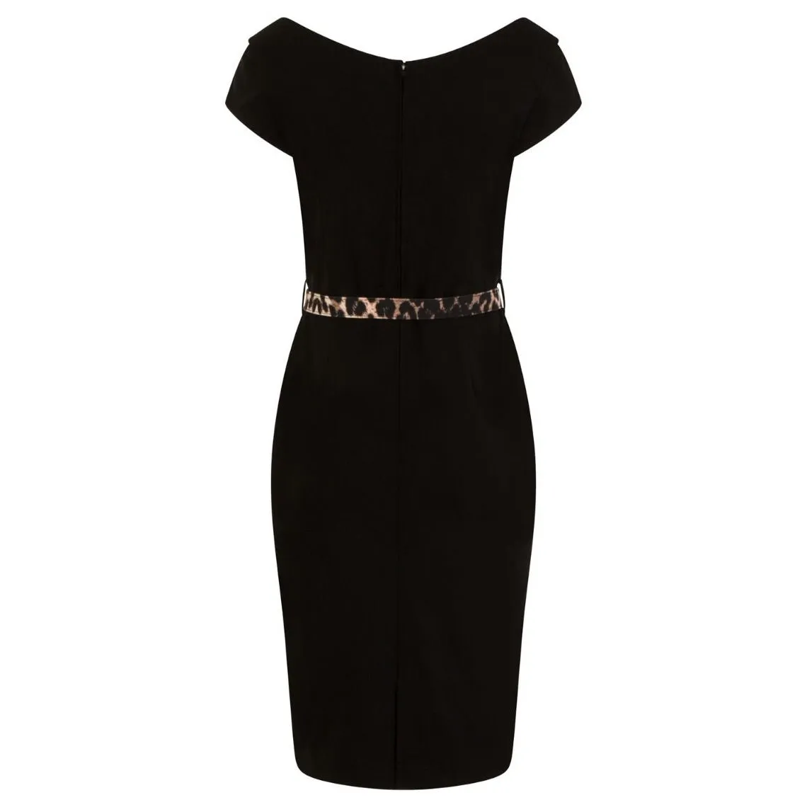 Black And Leopard Print Detail Belted Capped Sleeve Pencil Dress