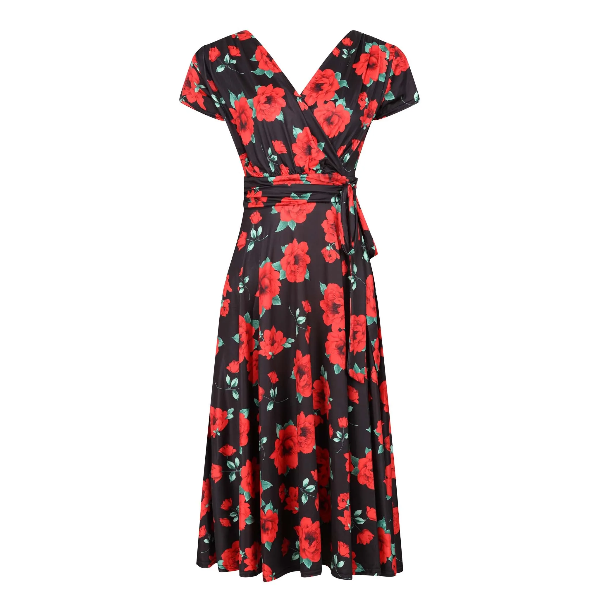 Black And Red Rose Print Cap Sleeve Fit And Flare Midi Dress