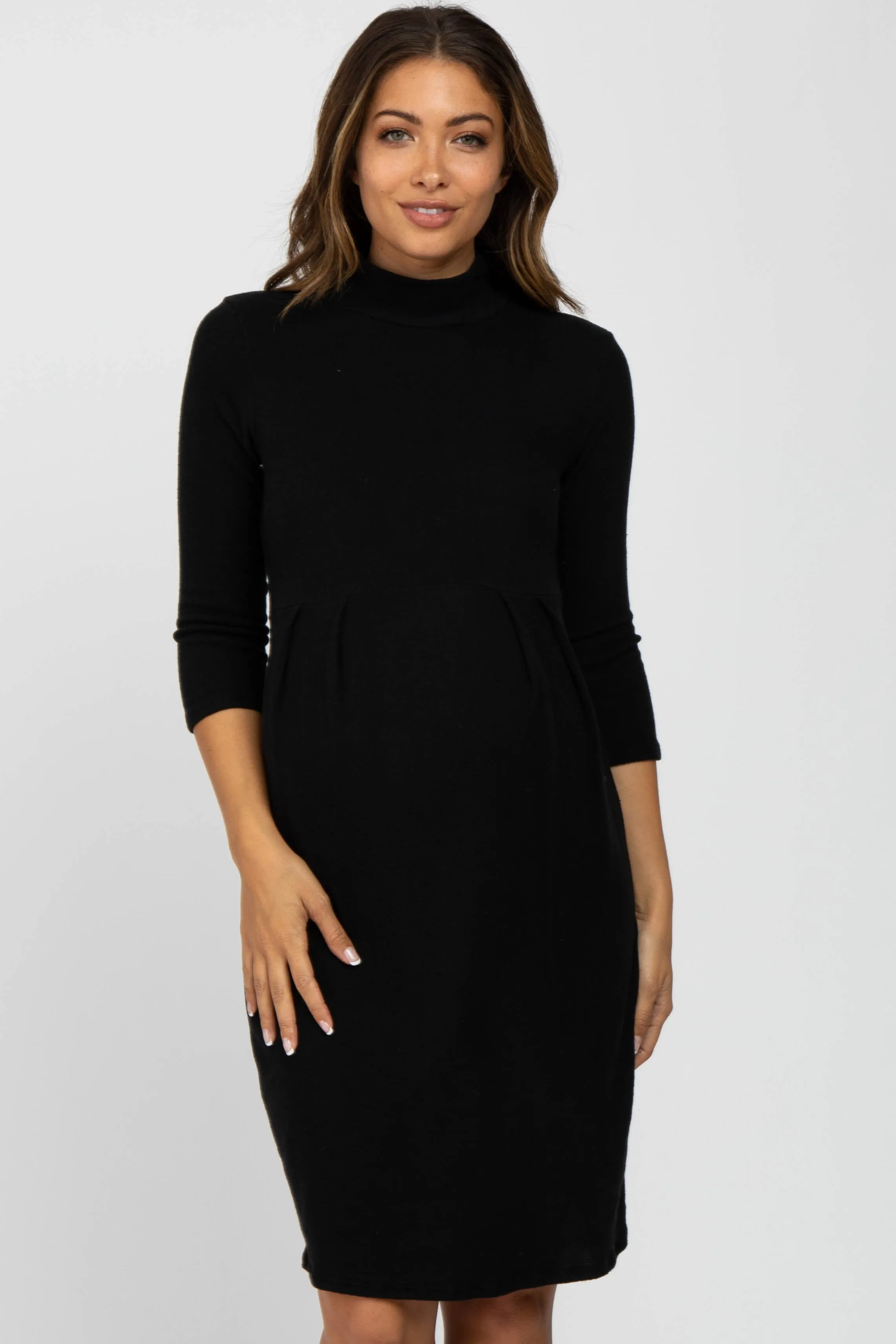 Black Brushed Mock Neck Fitted Maternity Dress