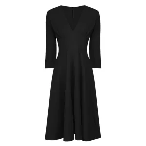 Black Deep V Neck 3/4 Sleeve Rockabilly 50s Swing Dress