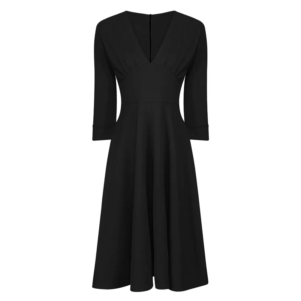 Black Deep V Neck 3/4 Sleeve Rockabilly 50s Swing Dress