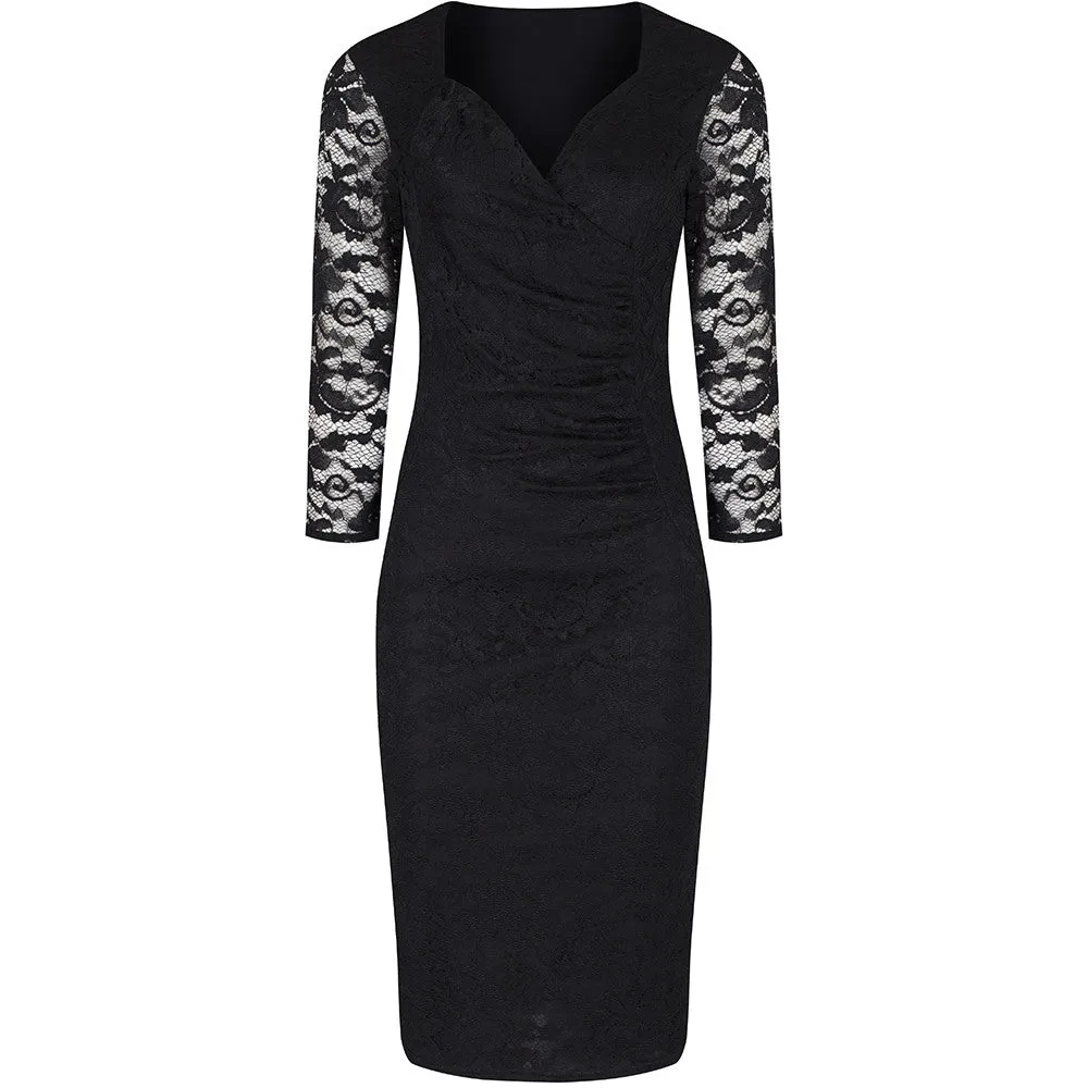 Black Lace 3/4 Sleeve Vintage Bodycon Wiggle Dress