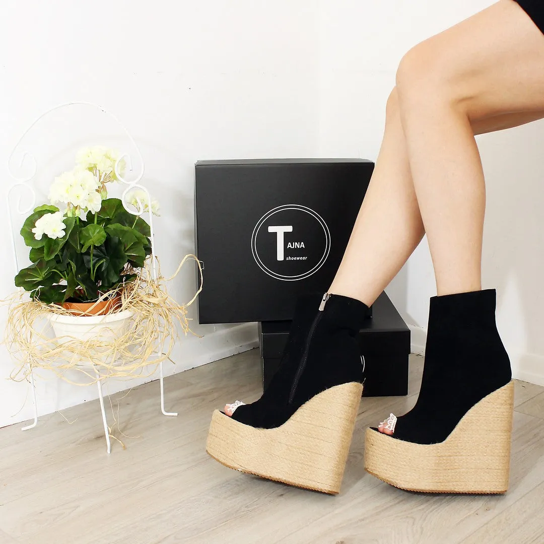 Black Peep Toe Platform High Heel Wedge Booties