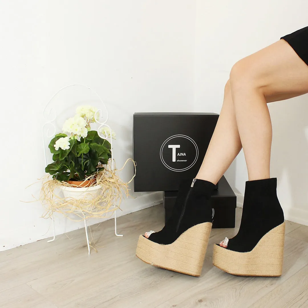 Black Peep Toe Platform High Heel Wedge Booties