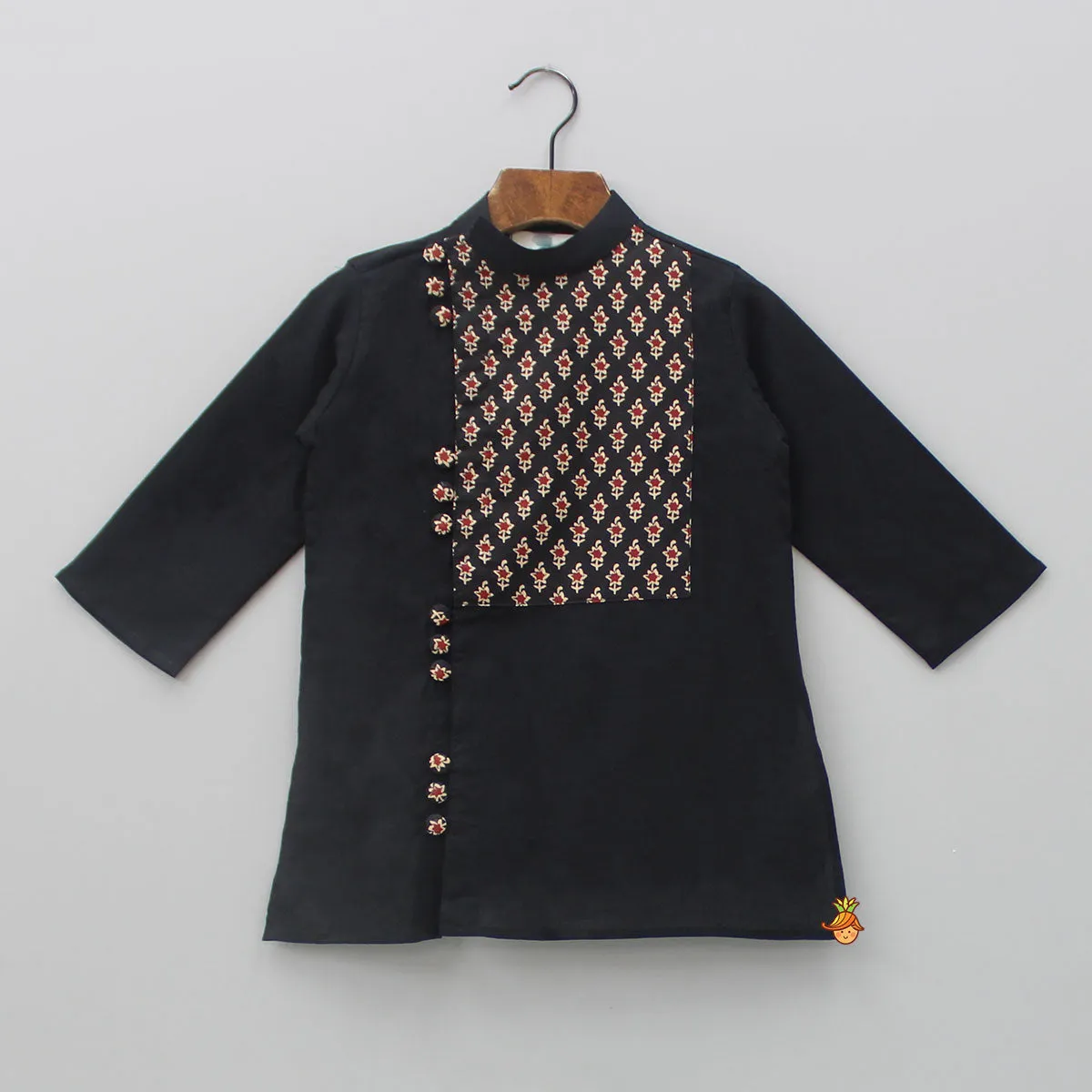 Black Printed Yoke Front Open Kurta And Patiala