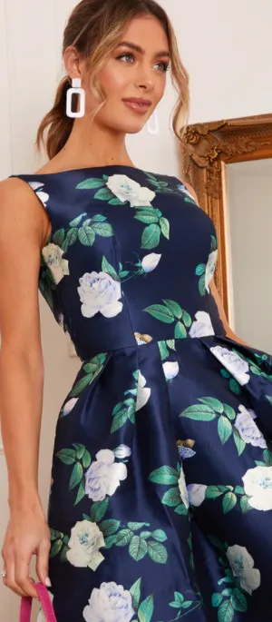 Boat Neck Floral Skater Dress