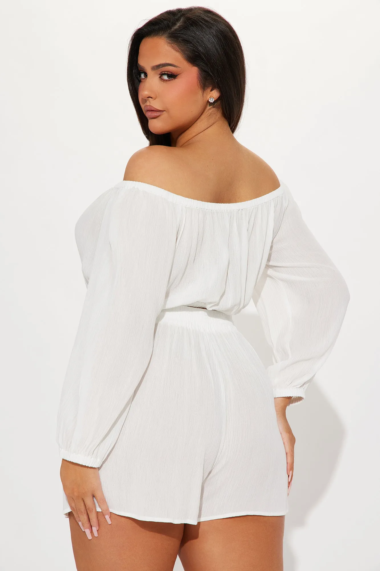 Breezy Paradise Linen Off Shoulder Cover Up Shorts Set - White