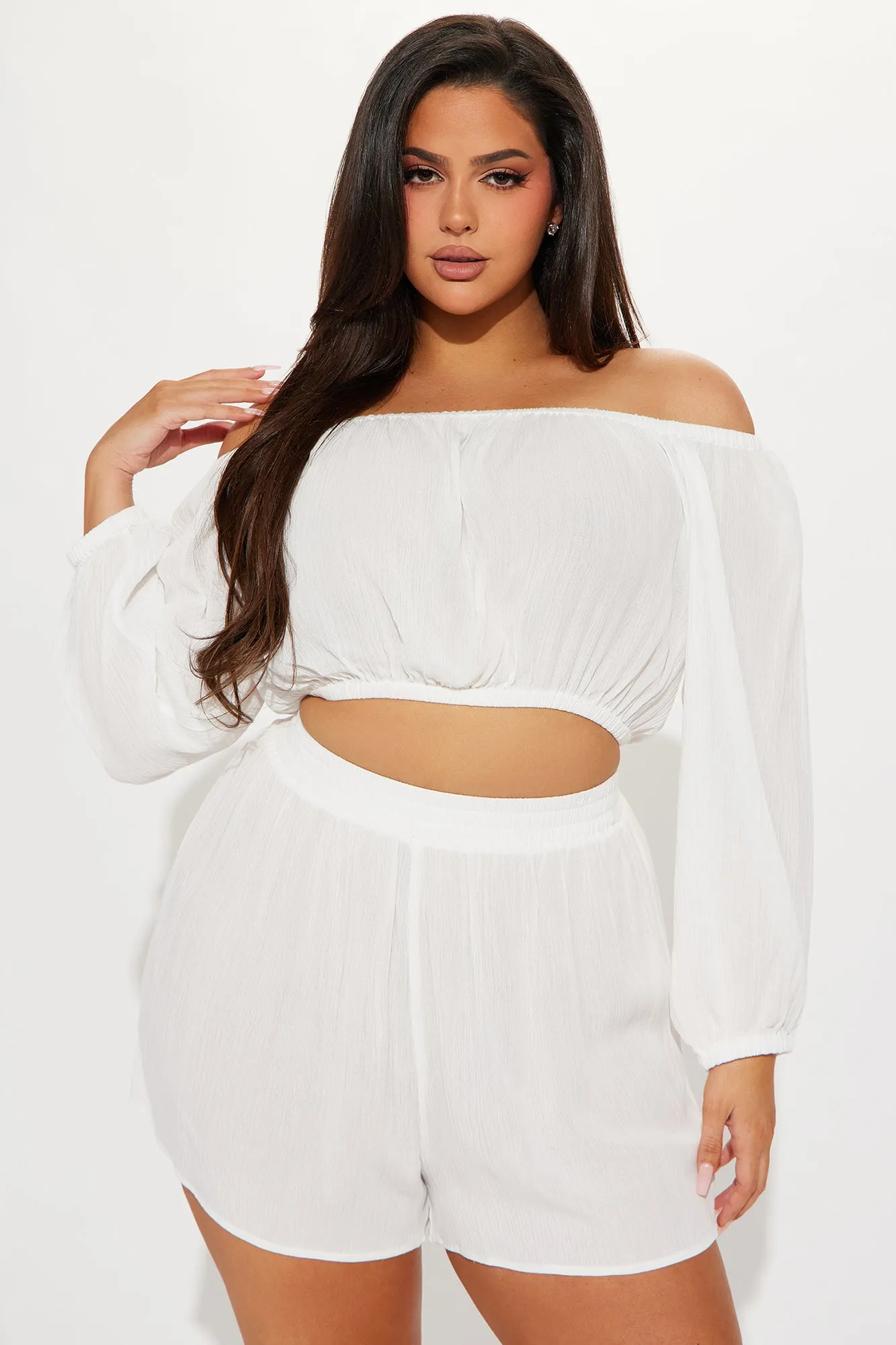 Breezy Paradise Linen Off Shoulder Cover Up Shorts Set - White