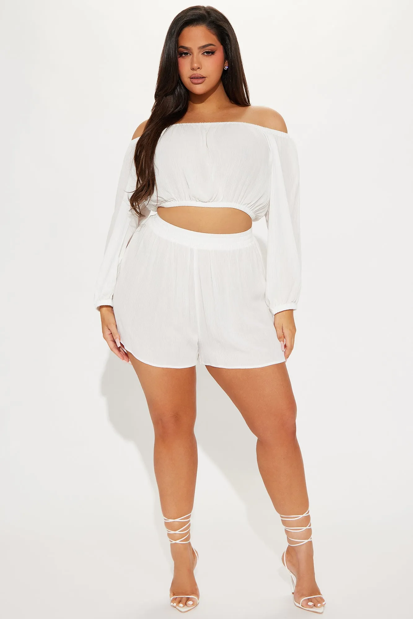 Breezy Paradise Linen Off Shoulder Cover Up Shorts Set - White