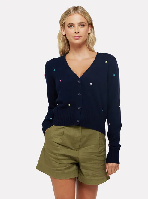 Brodie Cashmere Little Pom Cardi Navy/Acid Lime/Multi