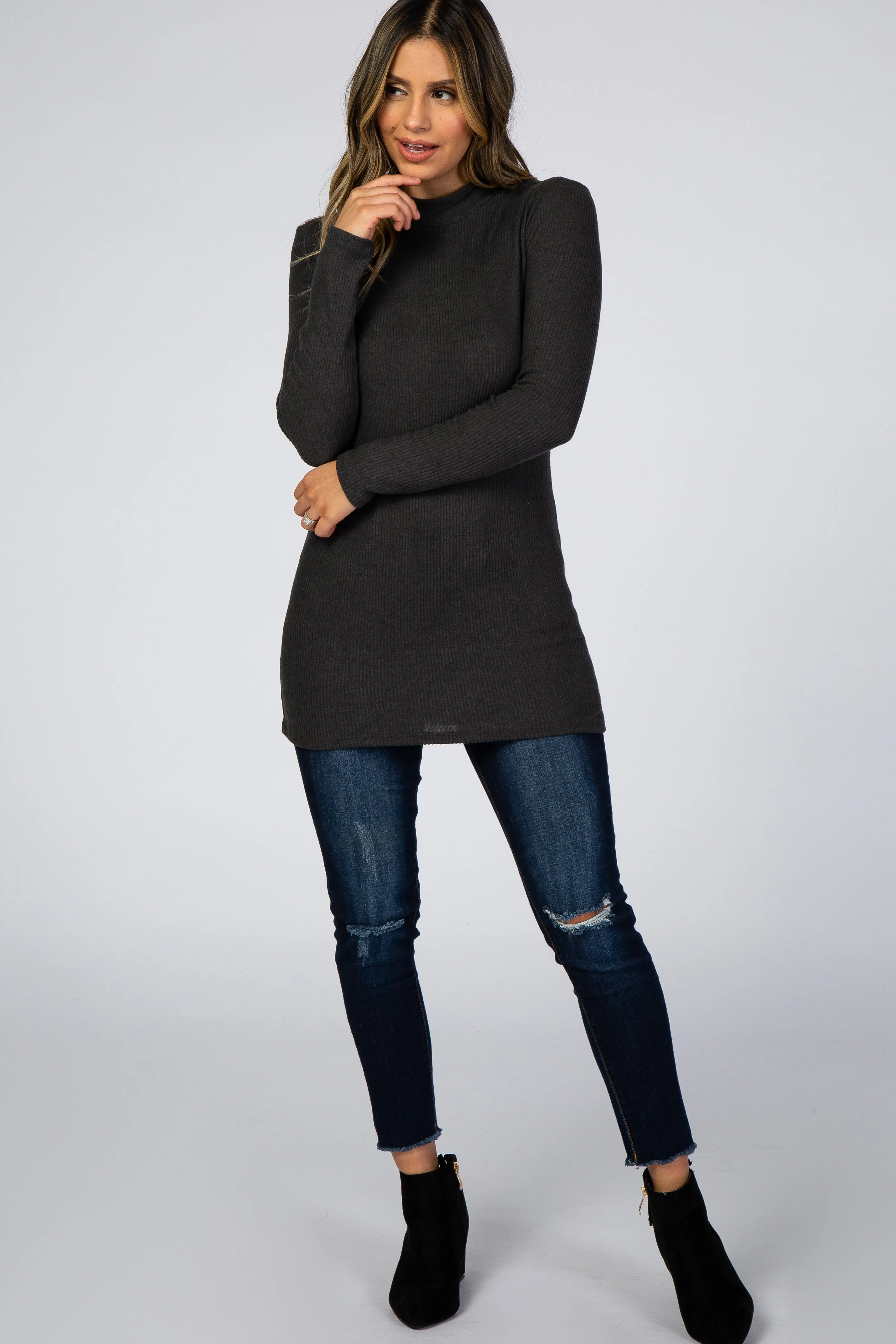 Charcoal Ribbed Long Sleeve Mock Neck Top