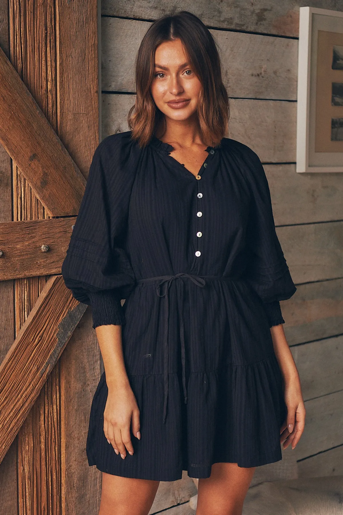 Chicago Long Sleeve Button Front Black Dress