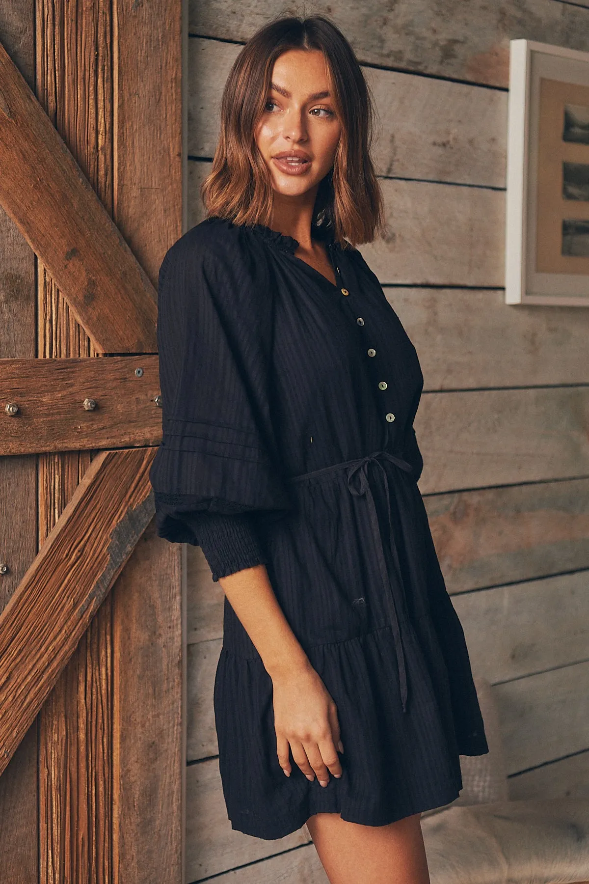 Chicago Long Sleeve Button Front Black Dress