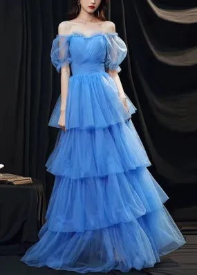 Classy Blue Ruffled Layered Patchwork Tulle Party Dresses Summer ZL067