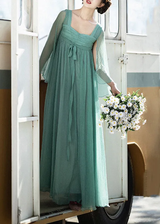 Classy Green Square Collar Wrinkled Lace Up Chiffon Dresses Summer QA1063