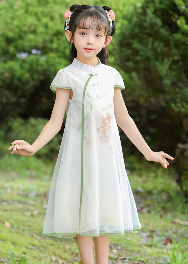 Classy White Stand Collar Print Tulle Girls Maxi Dresses Summer MN025